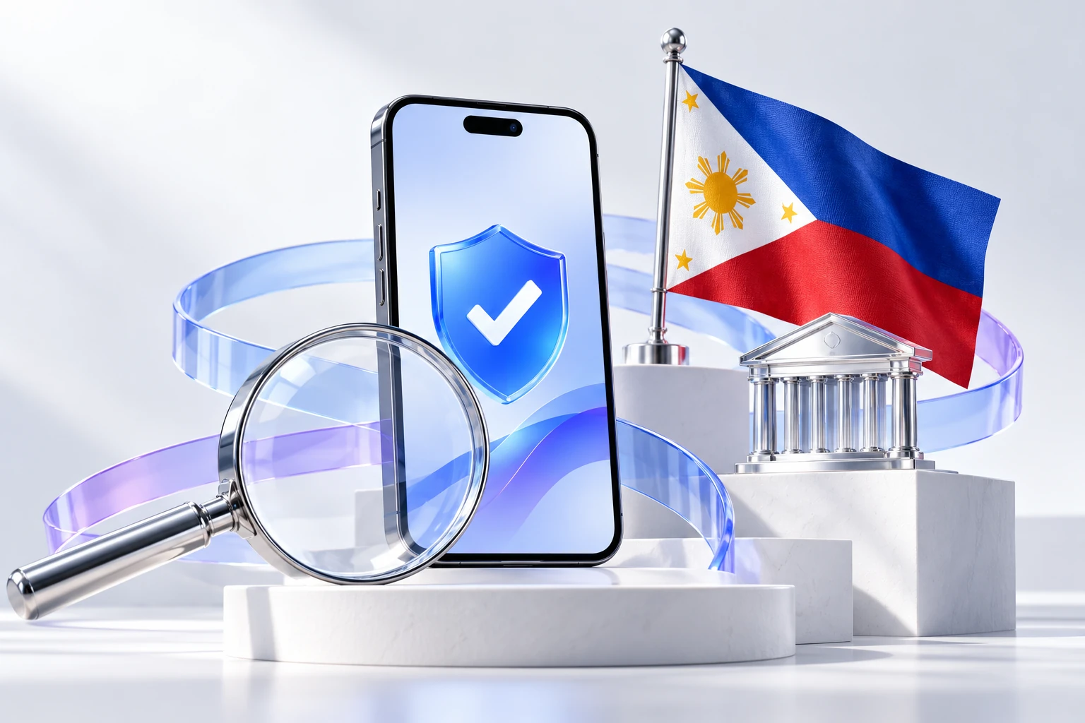 Conceptual smartphone with a verification shield, a magnifying glass and Philippine flag.